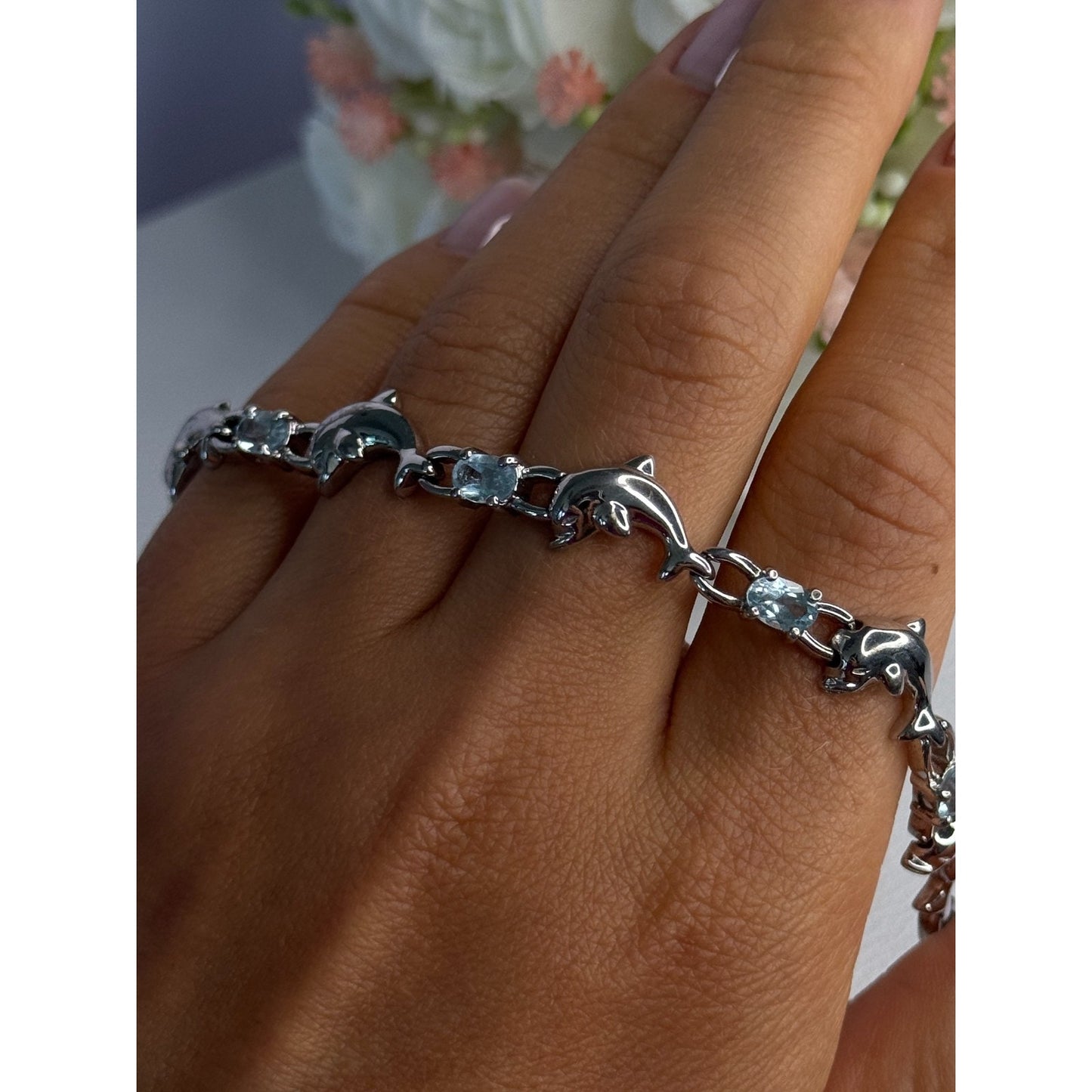 925 STERLING SILVER TOPAZ DOLPHIN BRACELET LENGTH 7.5