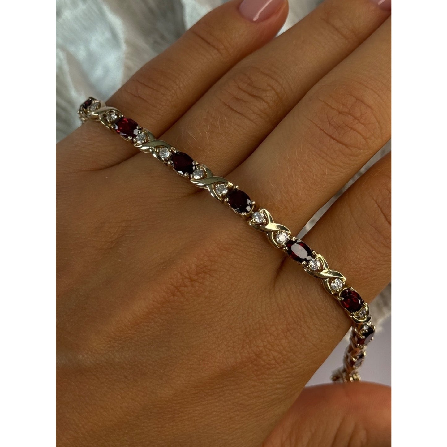 925 Sterling Silver Garnet & Beryl Bracelet Length 7