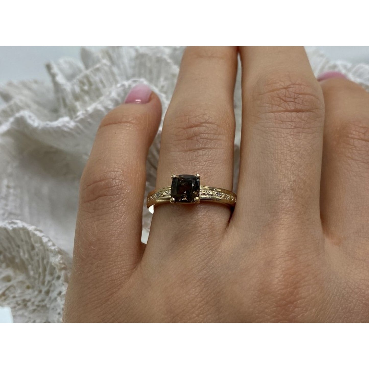 925 STERLING SILVER HESSONITE & DIAMONDS RING SIZE 7