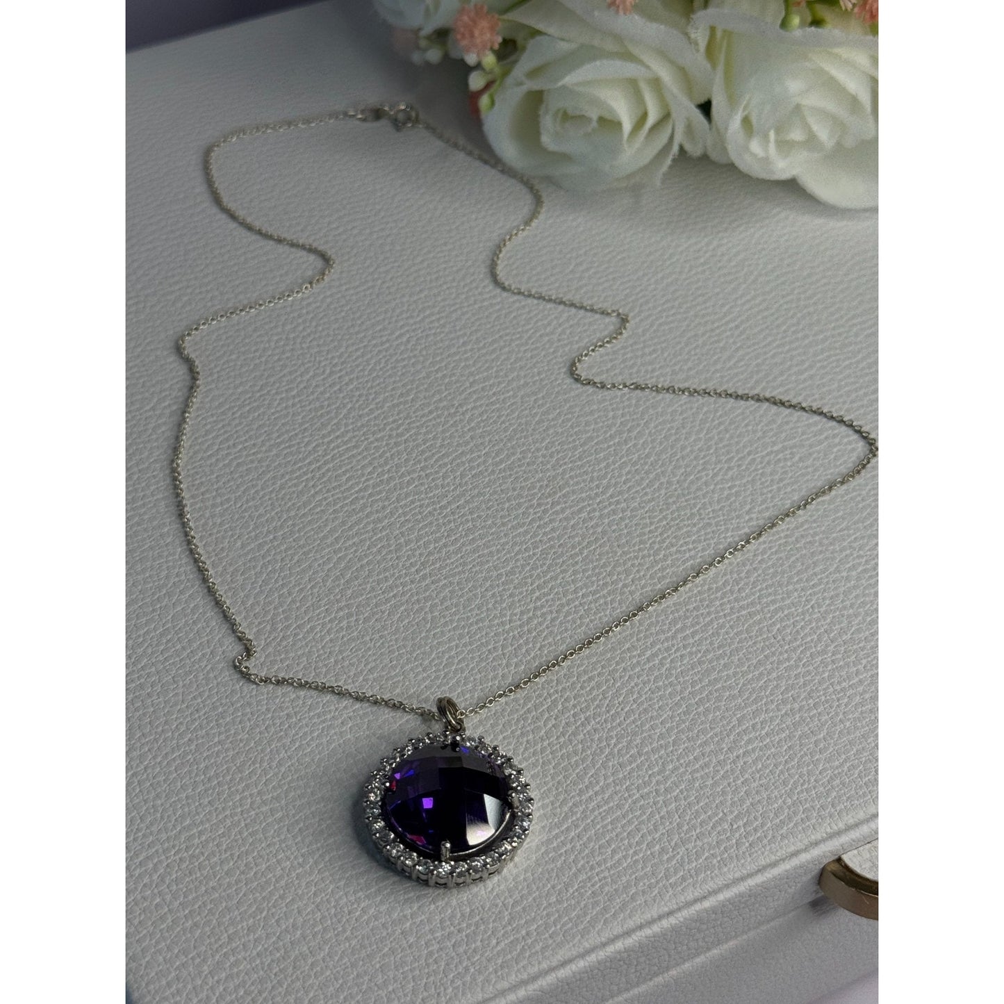 925 STERLING SILVER PURPLE CRYSTAL & CZ NECKLACE LENGTH 18 INCH