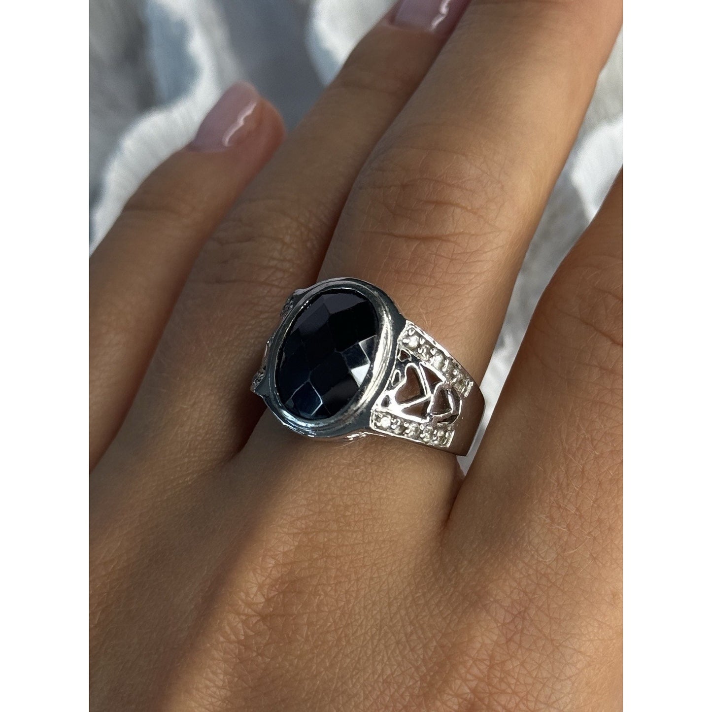 925 STERLING SILVER ONYX & BERYL RING SIZE 9