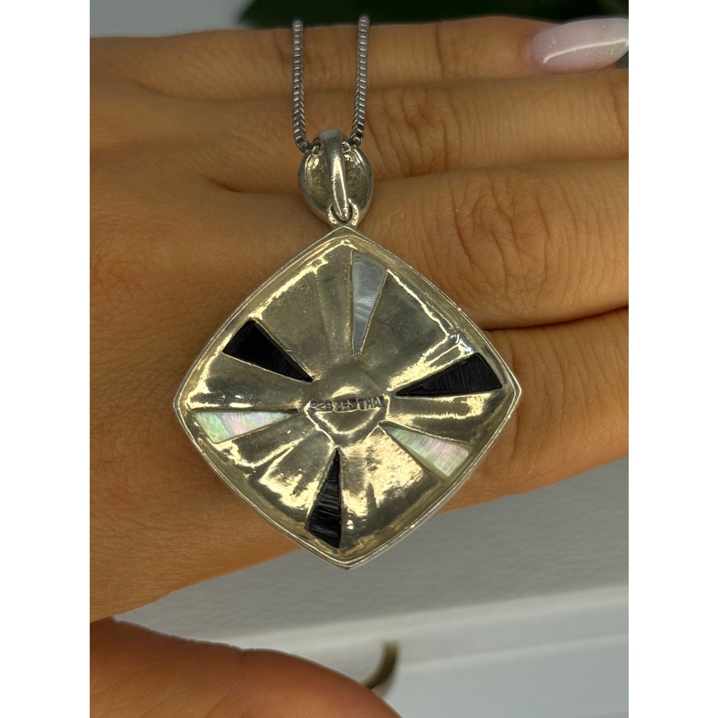 925 Sterling Silver Onyx & Abalone & Marcasite Necklace Length 25 inch