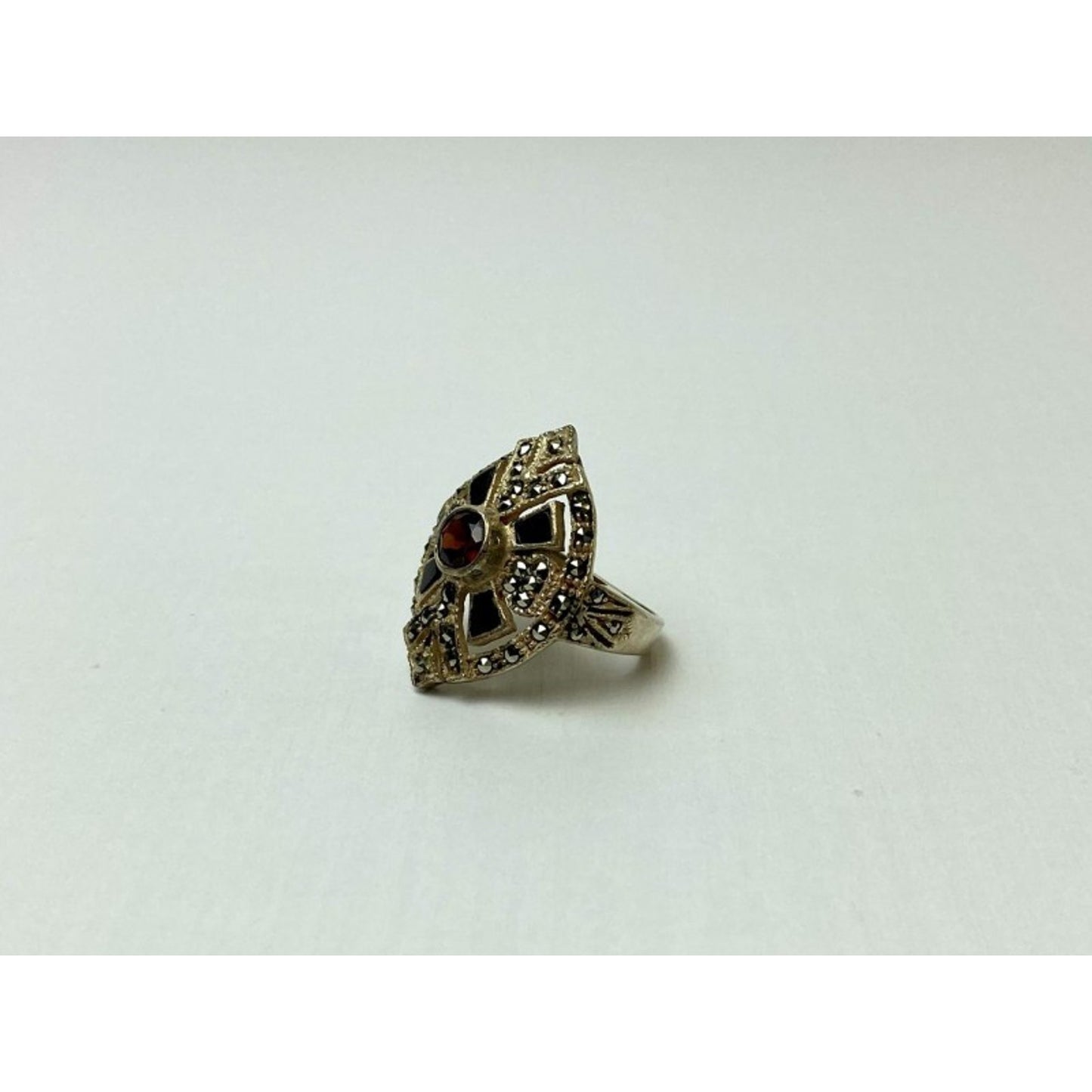 925 STERLING SILVER SPESSARTINE, BLACK NEPHRITE & MARCASITES RING SIZE 6.5