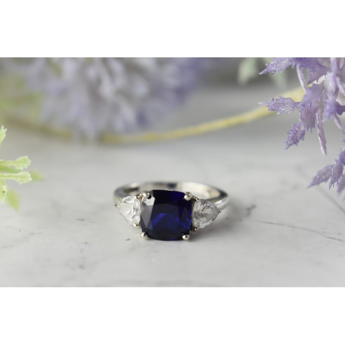925 STERLING SILVER SAPPHIRE & CZ RING SIZE 6.5