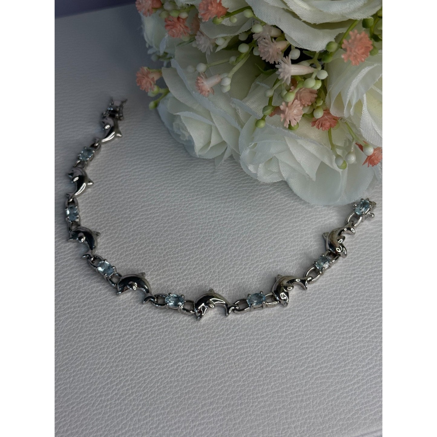 925 STERLING SILVER TOPAZ DOLPHIN BRACELET LENGTH 7.5