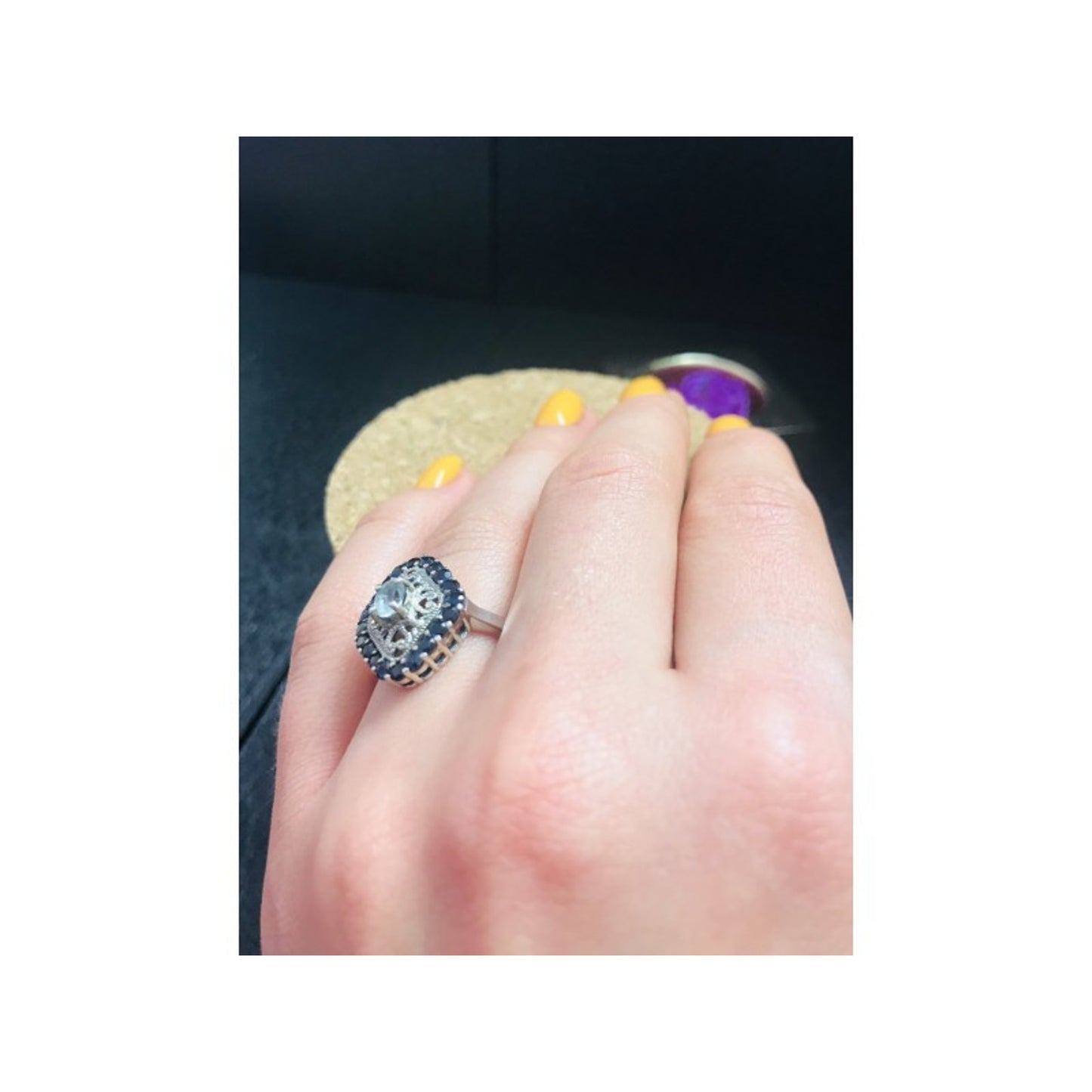 925 STERLING SILVER AQUAMARINE & DARK BLUE SPINEL RING SIZE 7