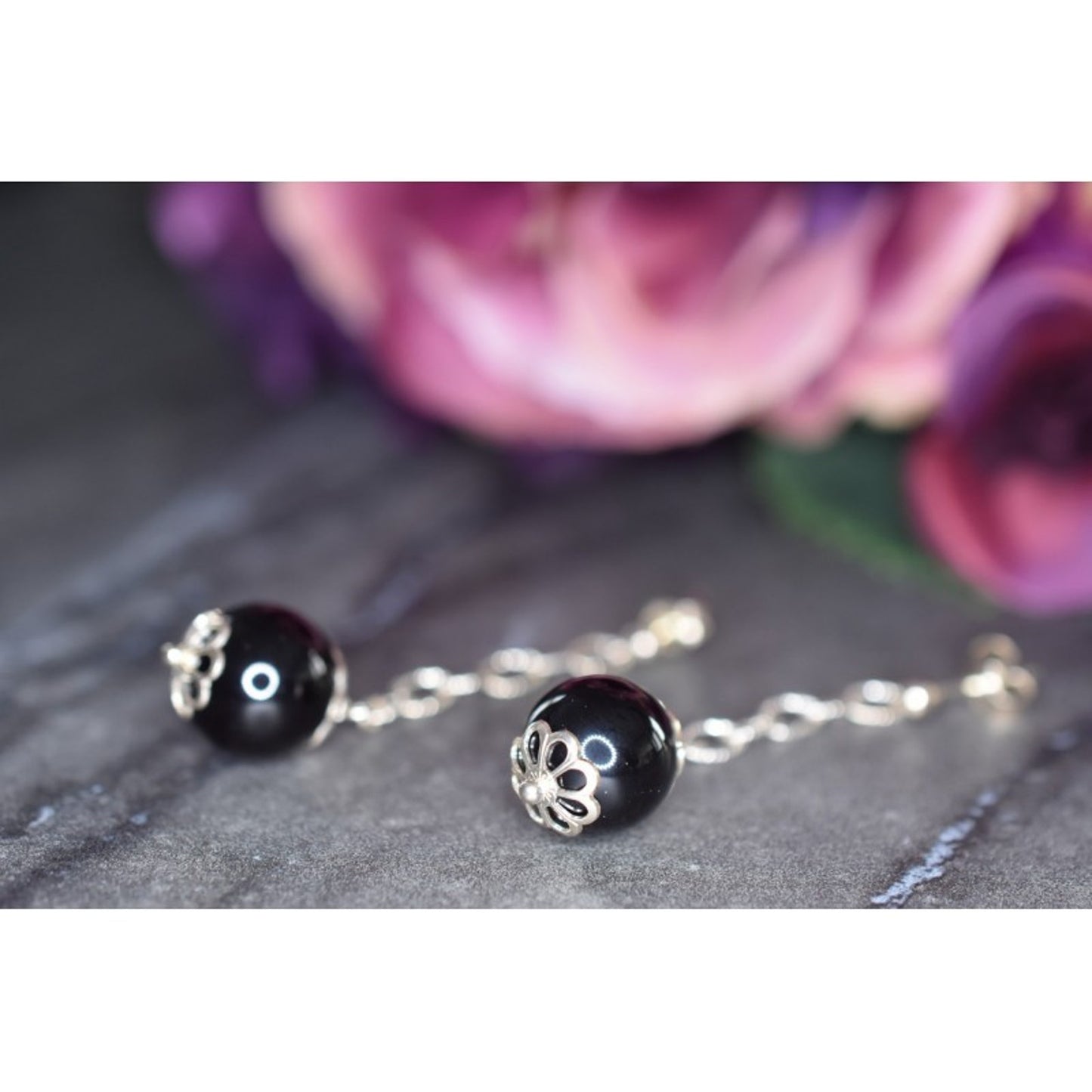 925 Sterling Silver Black Agate "Balls" Stud Earrings