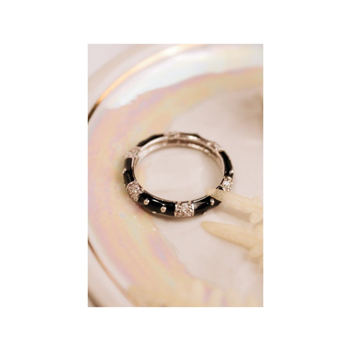 925 STERLING SILVER BLACK ENAMEL & CZ BAND RING SIZE 11