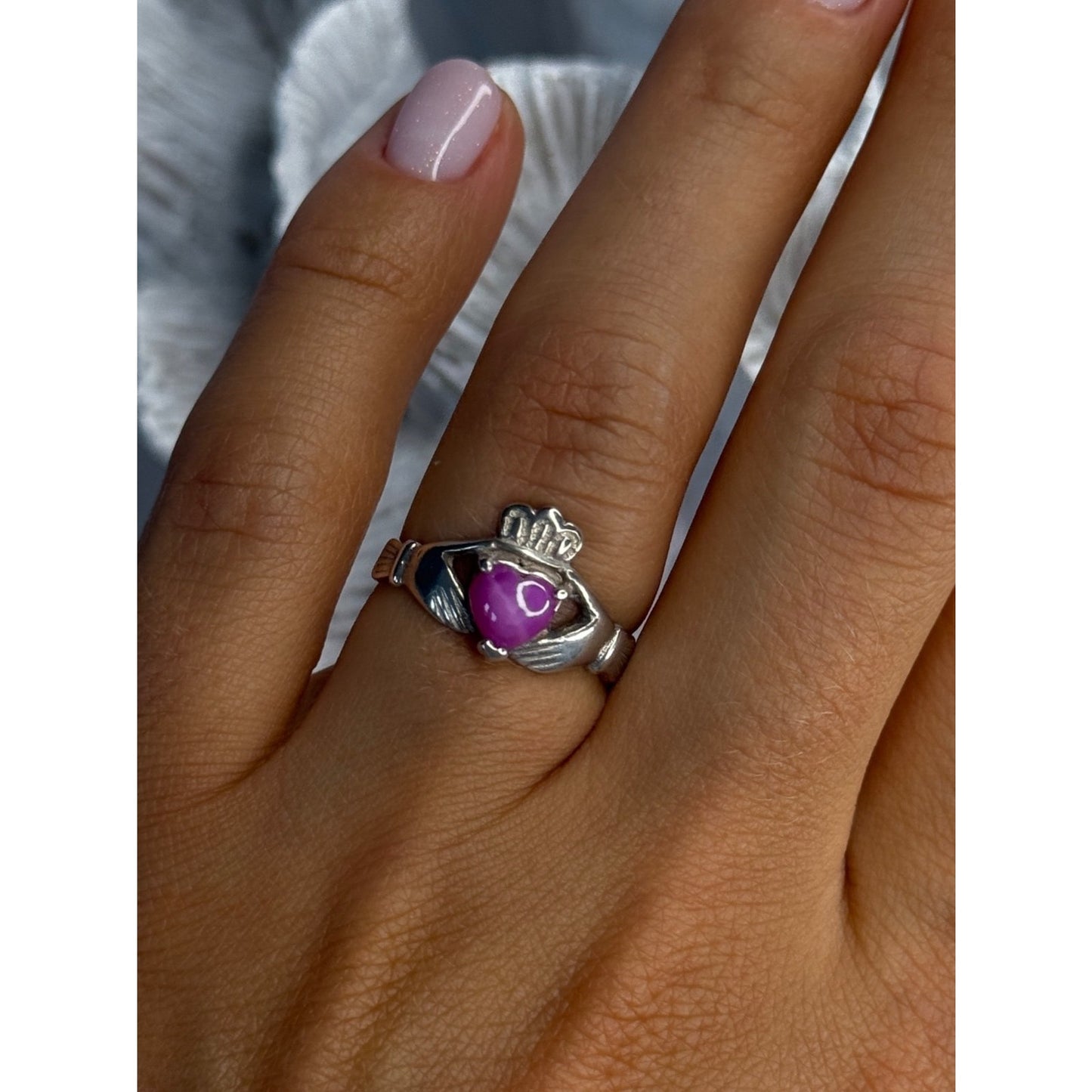 925 STERLING SILVER PINK STAR SAPPHIRE HEART RING SIZE 6