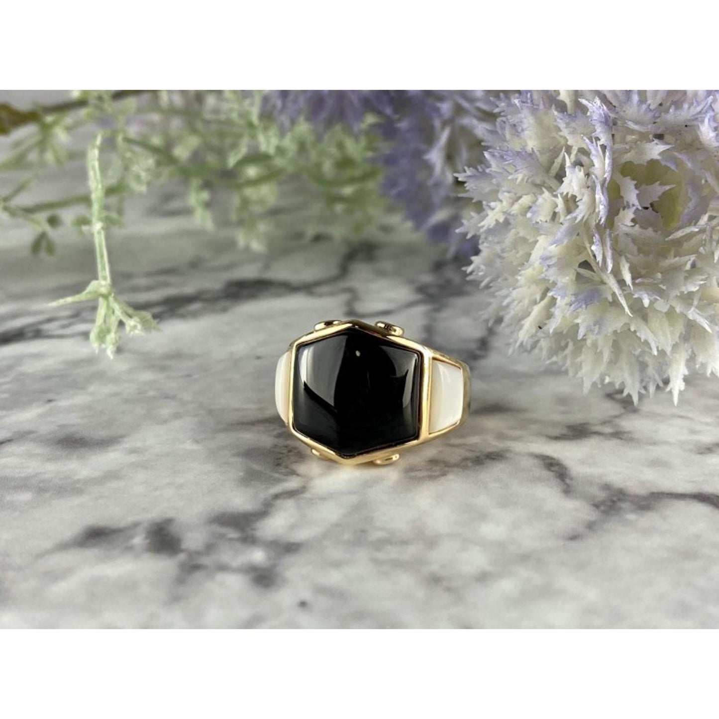 925 STERLING SILVER GOLD PLATED BLACK JADE, MOTHER OF PEARL & CZ RING SIZE 7