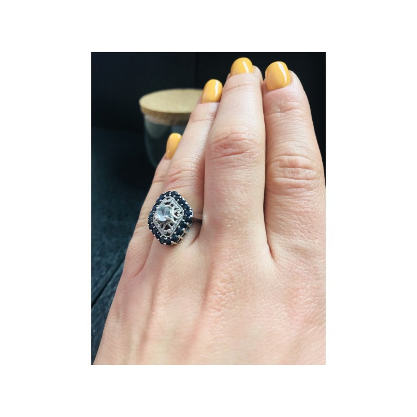 925 STERLING SILVER AQUAMARINE & DARK BLUE SPINEL RING SIZE 7