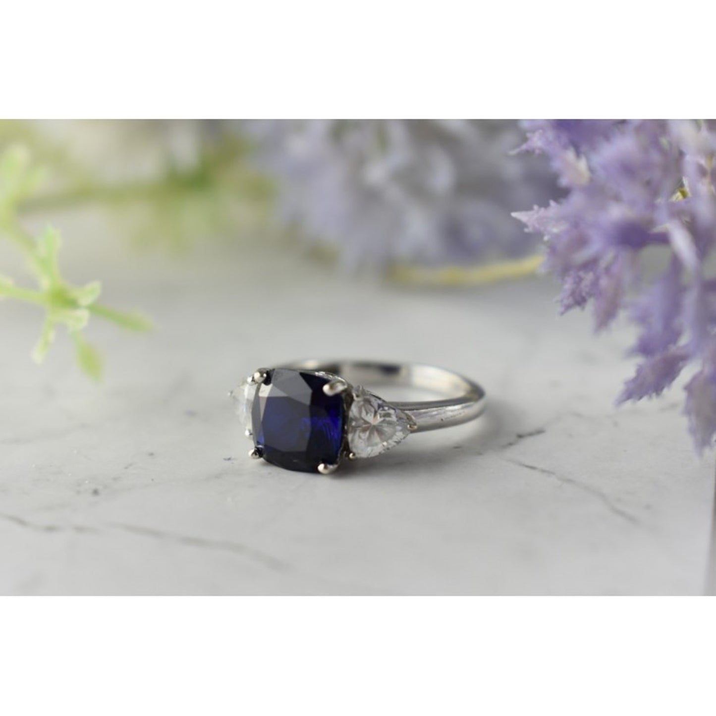 925 STERLING SILVER SAPPHIRE & CZ RING SIZE 6.5