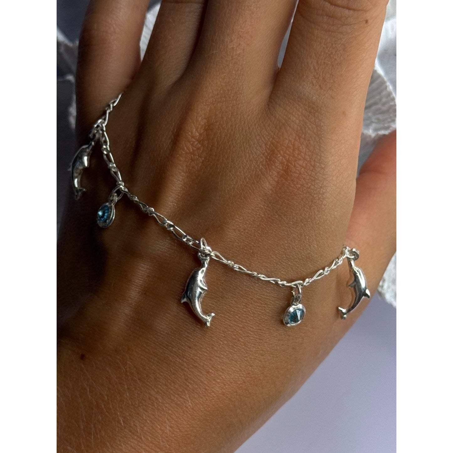 925 STERLING SILVER DOLPHIN BLUE TOPAZ BRACELET LENGTH 7.5