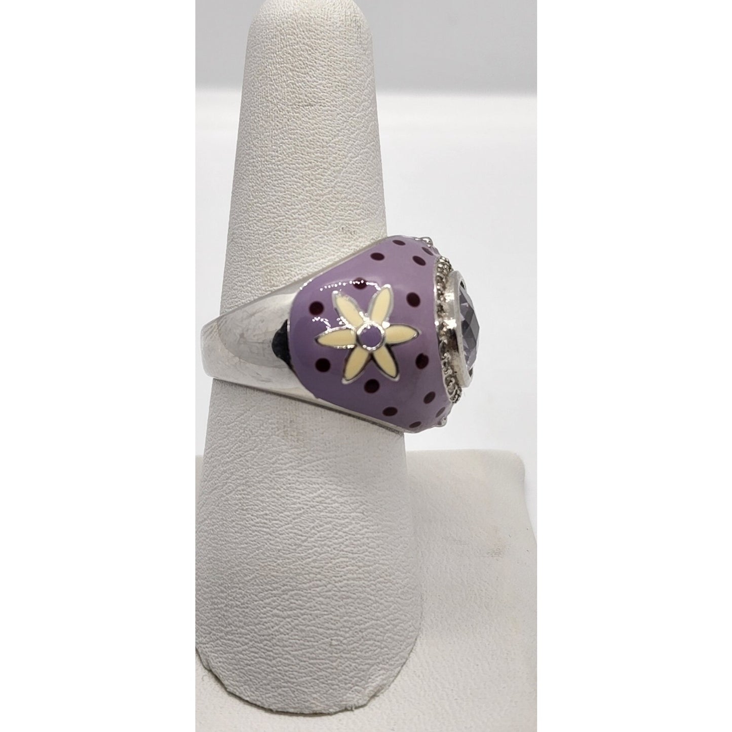 925 STERLING SILVER WITH AMETHYST & QUARTZ ON ENAMEL RING SIZE 7.5
