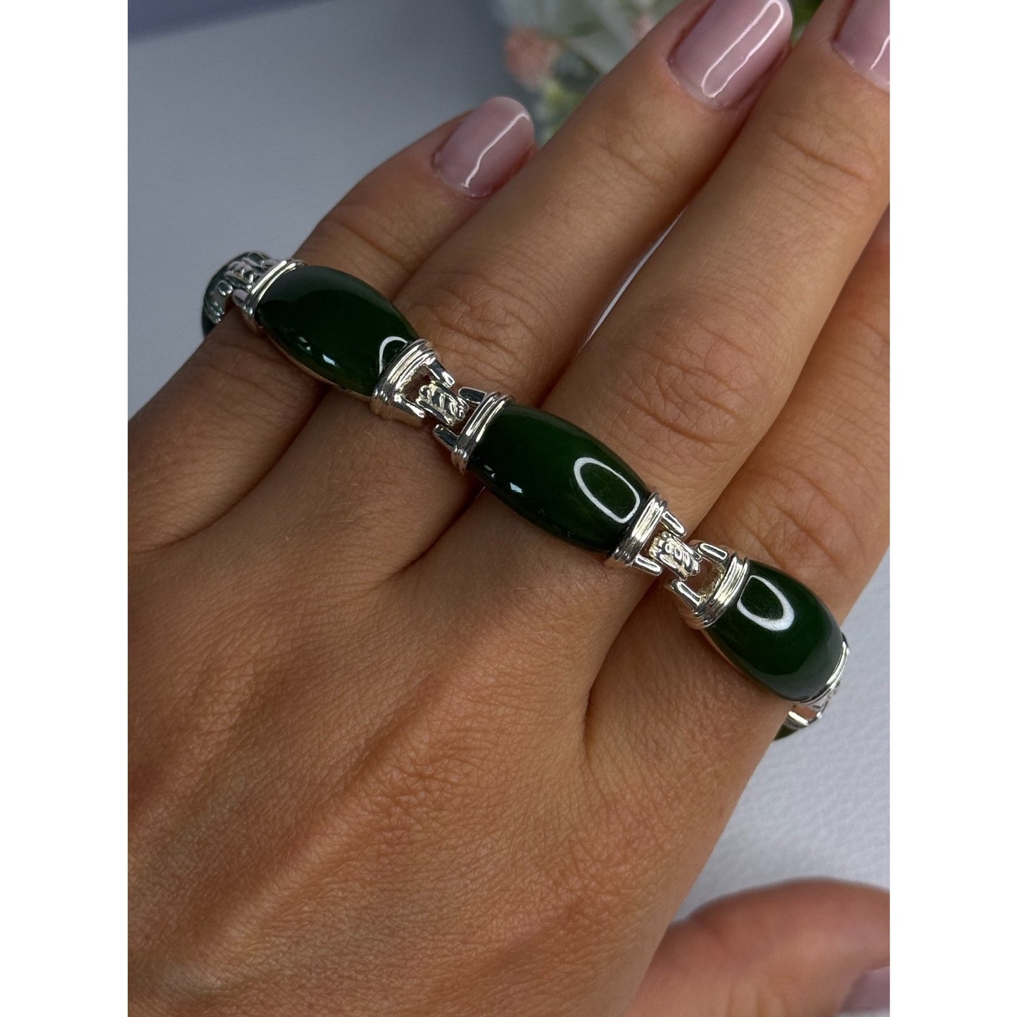 925 STERLING SILVER GREEN NEPHRITE BRACELET LENGTH 7.5