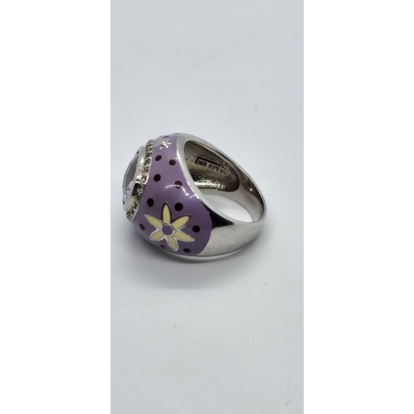 925 STERLING SILVER WITH AMETHYST & QUARTZ ON ENAMEL RING SIZE 7.5
