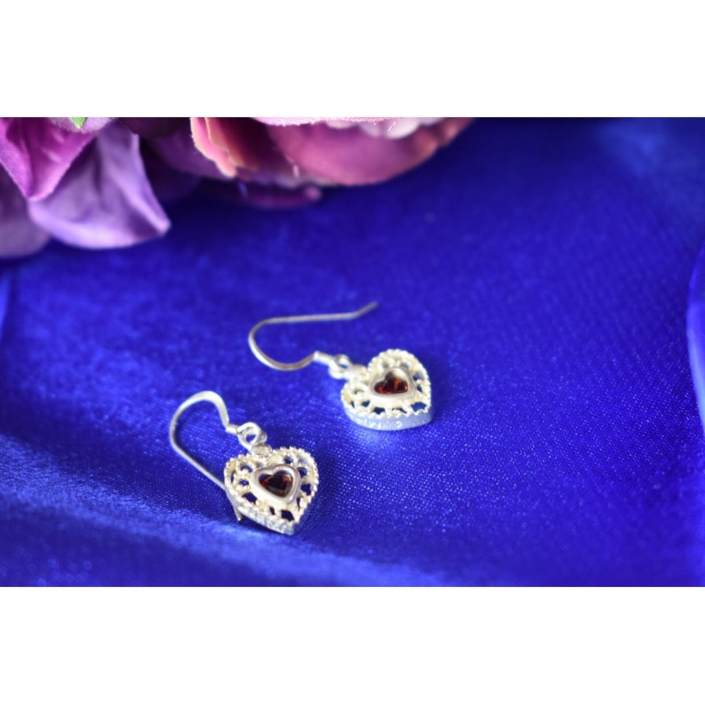 925 Sterling Silver Garnet "Hearts" Earrings