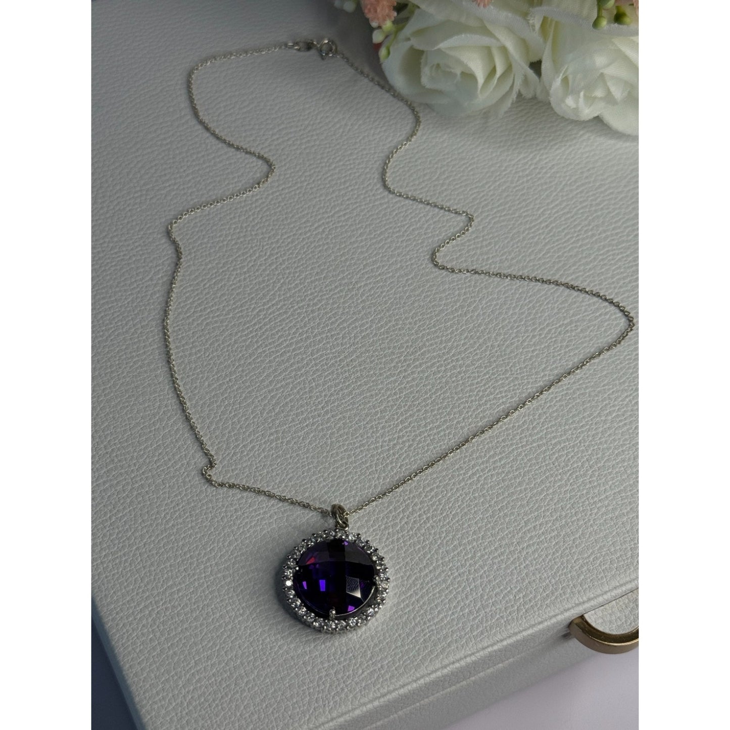 925 STERLING SILVER PURPLE CRYSTAL & CZ NECKLACE LENGTH 18 INCH