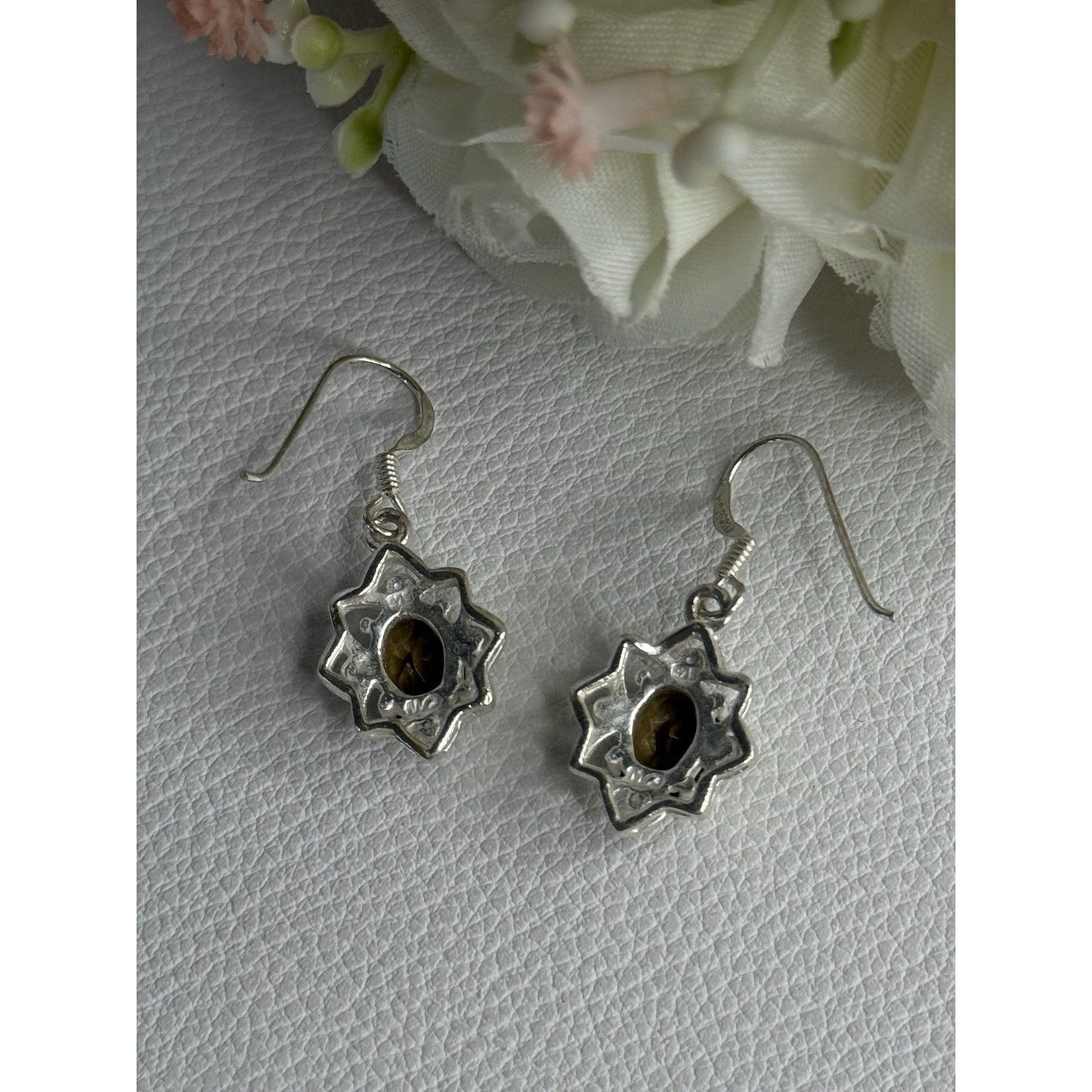925 STERLING SILVER HESSONITE & MARCASITE EARRINGS LENGTH 1.10 INCH