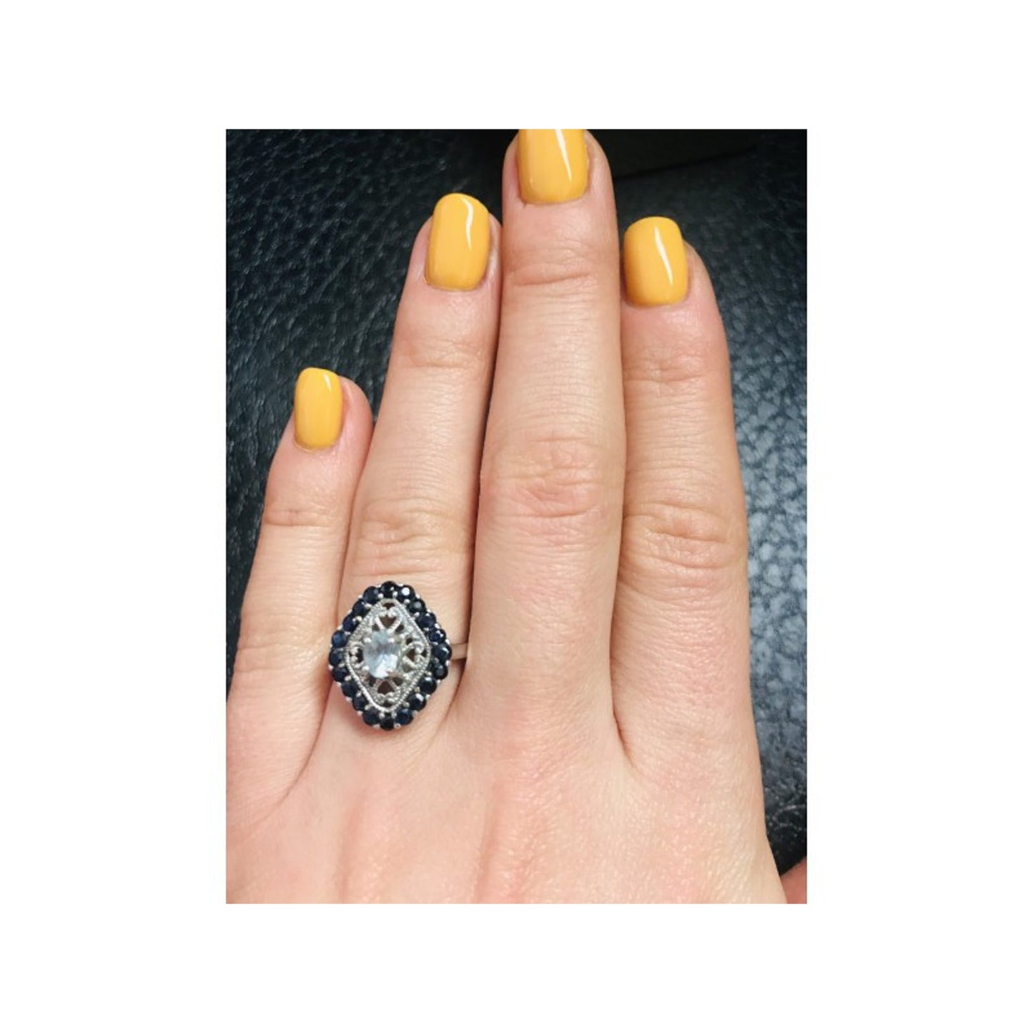 925 STERLING SILVER AQUAMARINE & DARK BLUE SPINEL RING SIZE 7