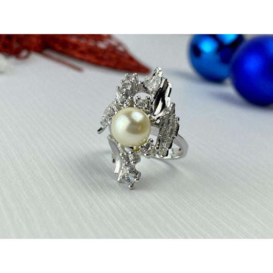 925 STERLING SILVER PEARL & CZ RING SIZE 6