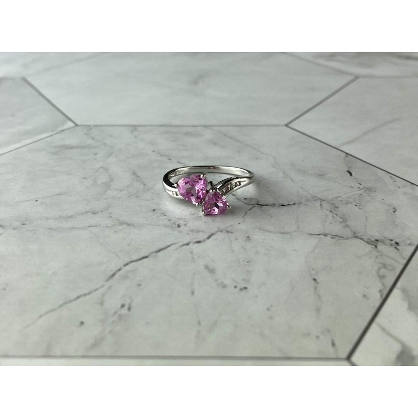 925 STERLING SILVER PINK TOPAZ "HEARTS" RING SIZE 7