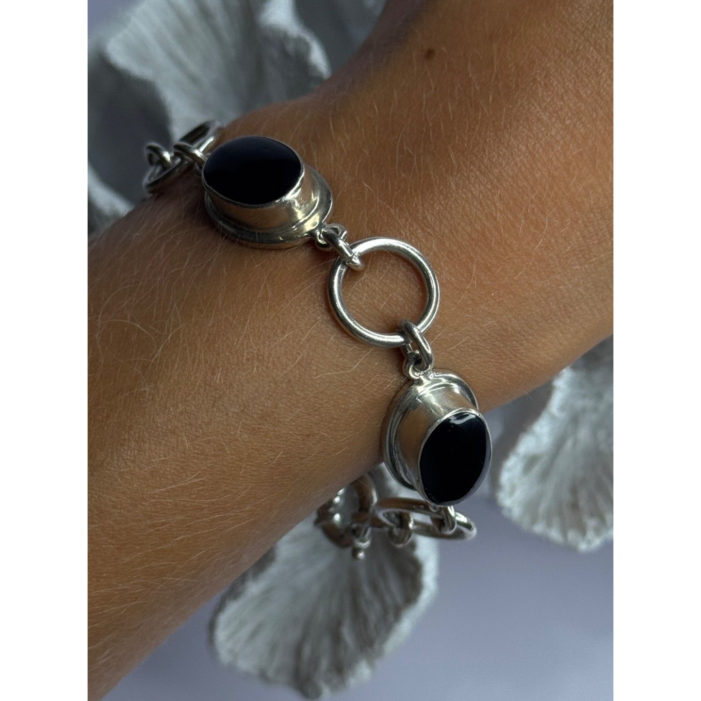 VINTAGE 925 STERLING SILVER ONYX BRACELET LENGTH 7