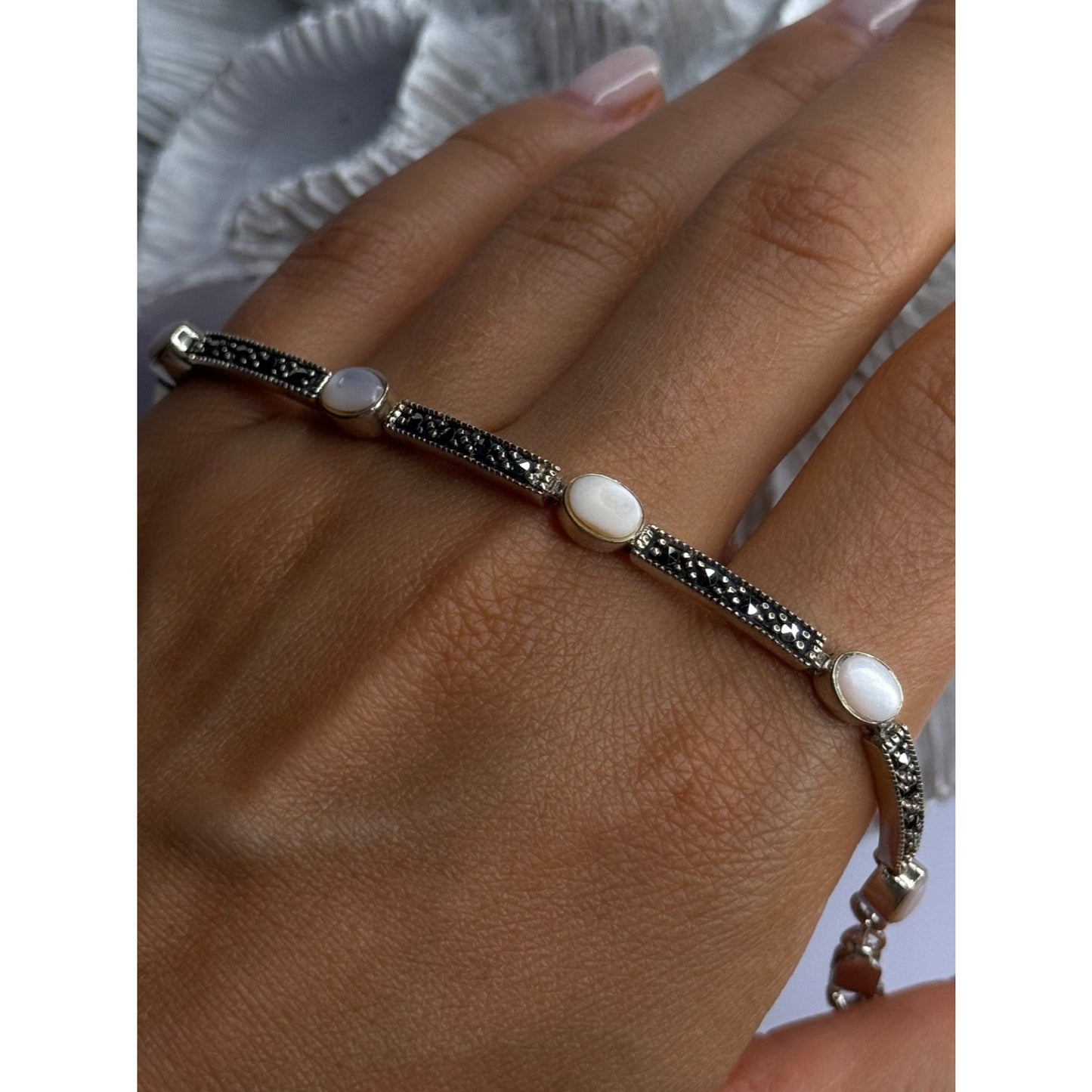 925 STERLING SILVER PINK ABALONE & MARCASITE BRACELET LENGTH 7.5