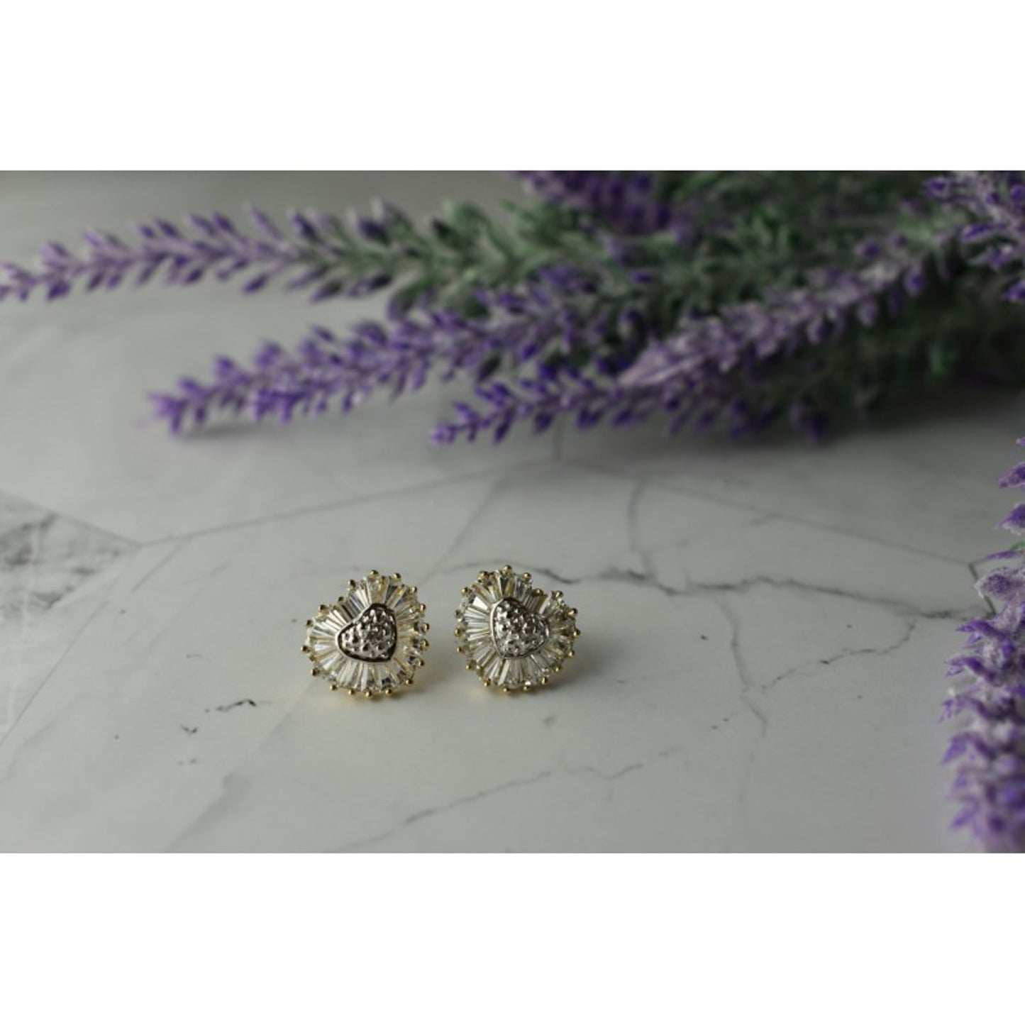 925 Sterling Silver Gold Plated CZ "Heart" Stud Earrings