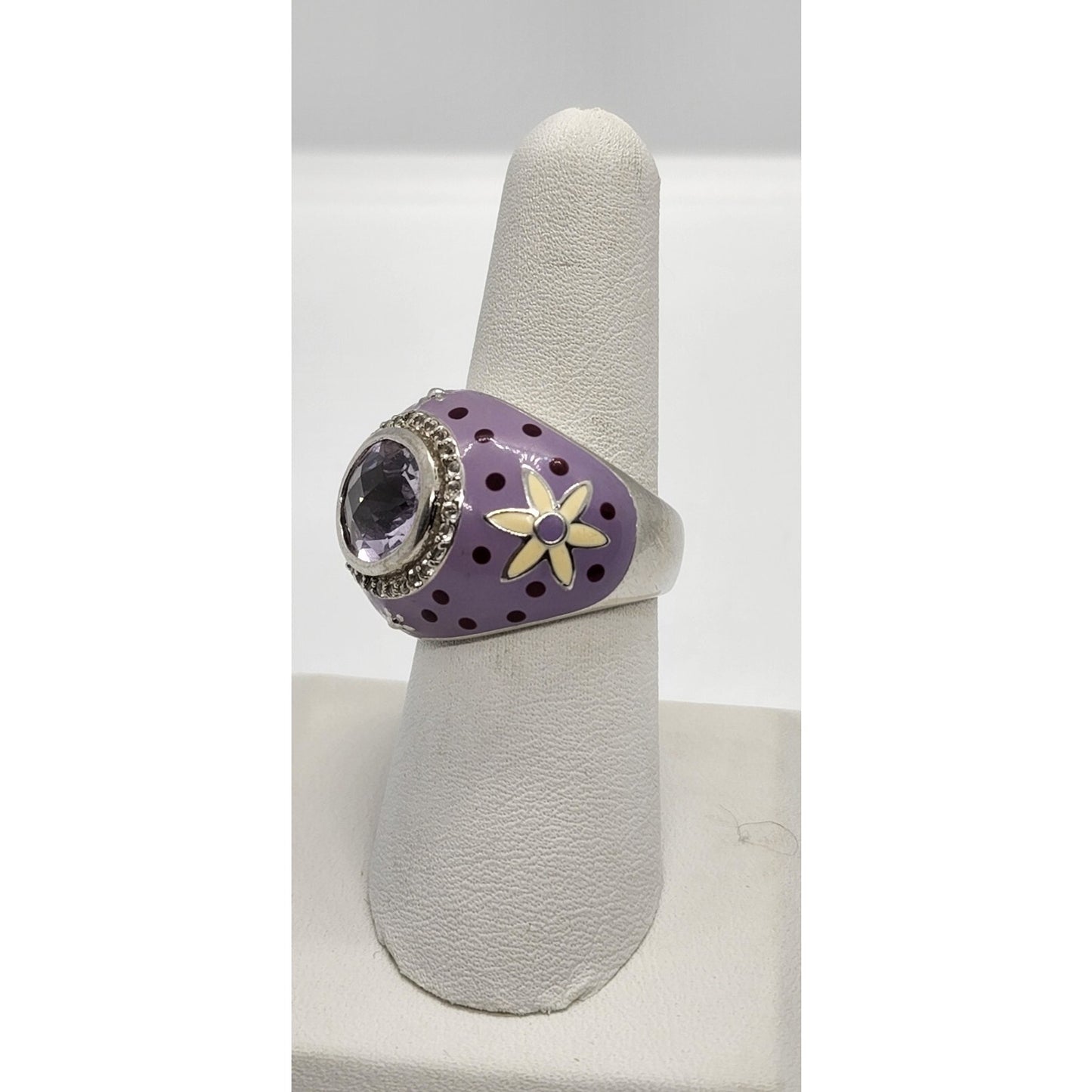 925 STERLING SILVER WITH AMETHYST & QUARTZ ON ENAMEL RING SIZE 7.5