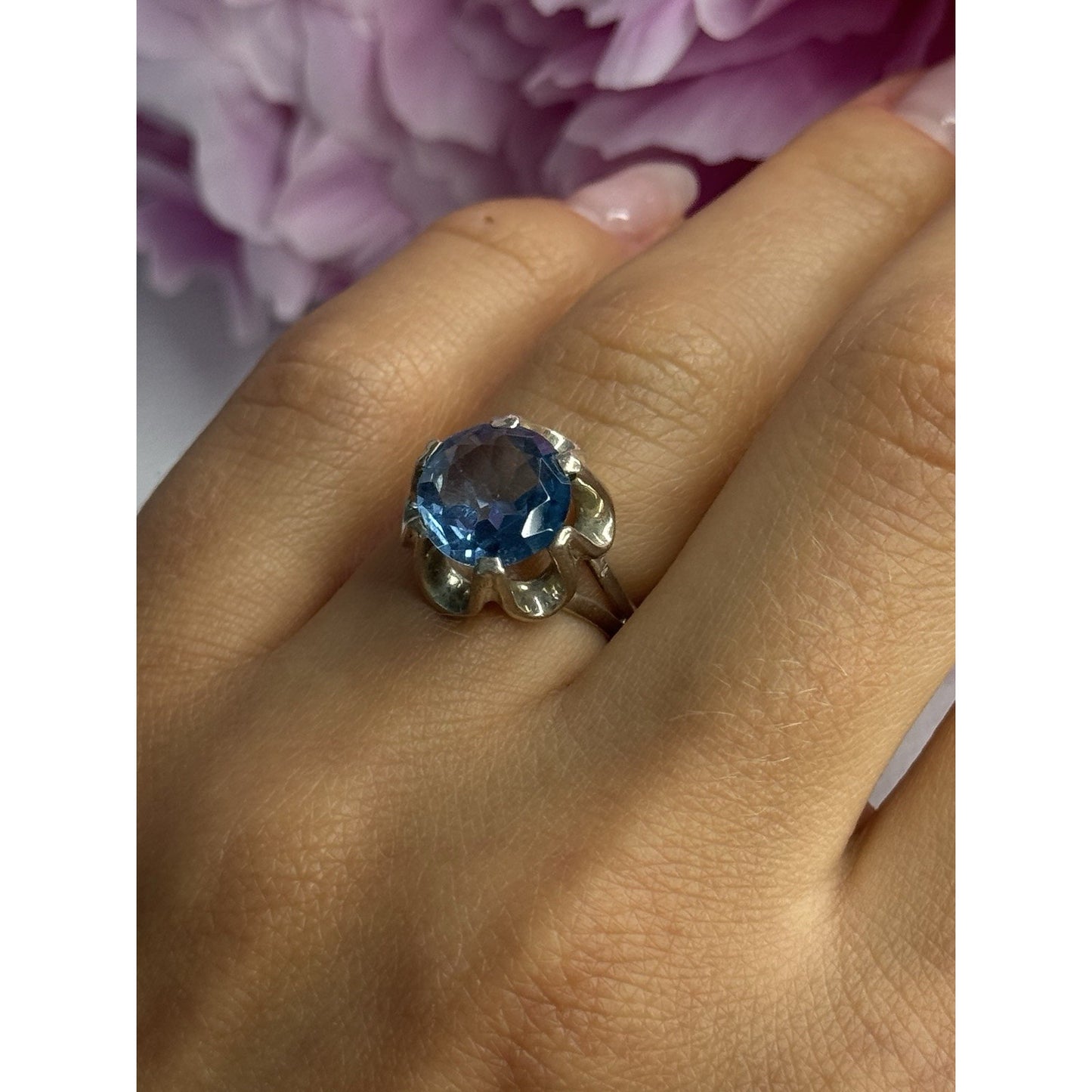 925 STERLING SILVER AQUAMARINE FLOWER RING SIZE 6