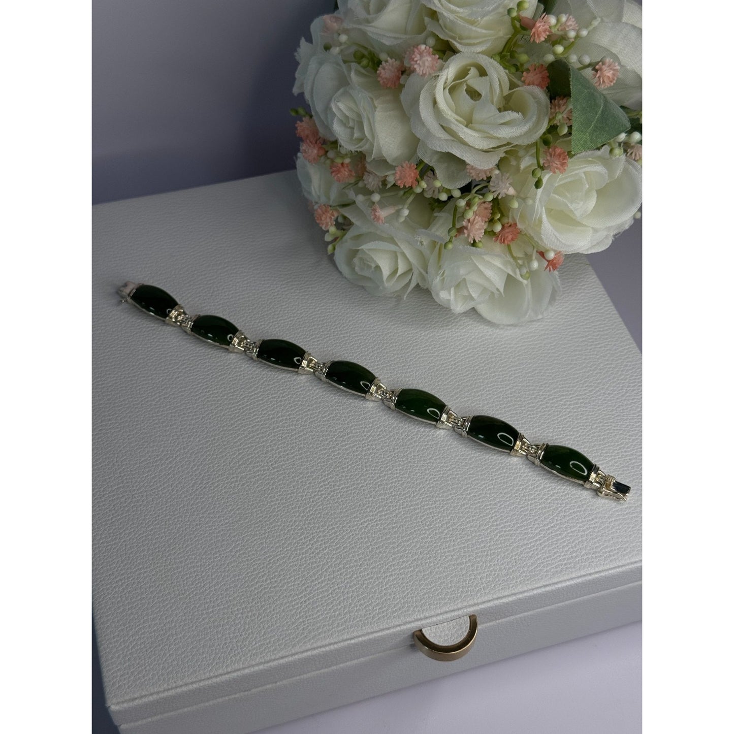 925 STERLING SILVER GREEN NEPHRITE BRACELET LENGTH 7.5