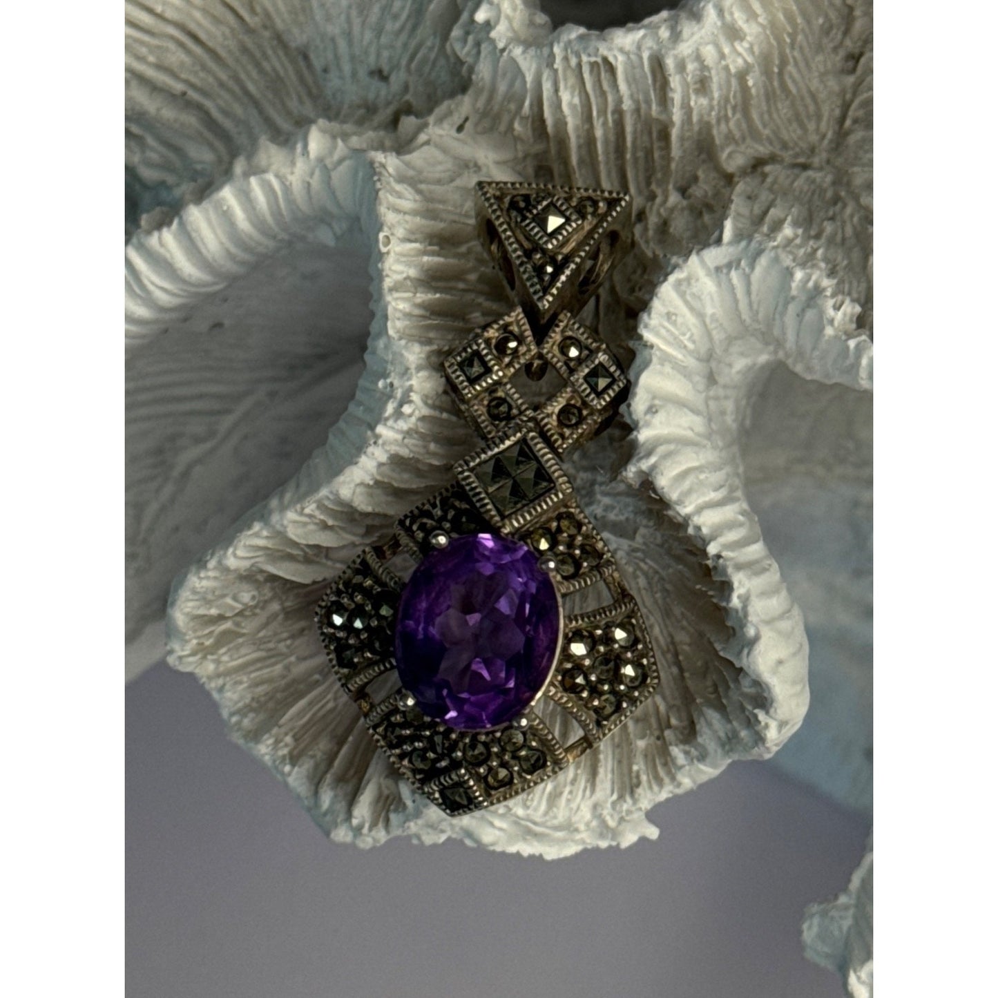 925 STERLING SILVER AMETHYST & MARCASITE PENDANT LENGTH 1.50 INCH