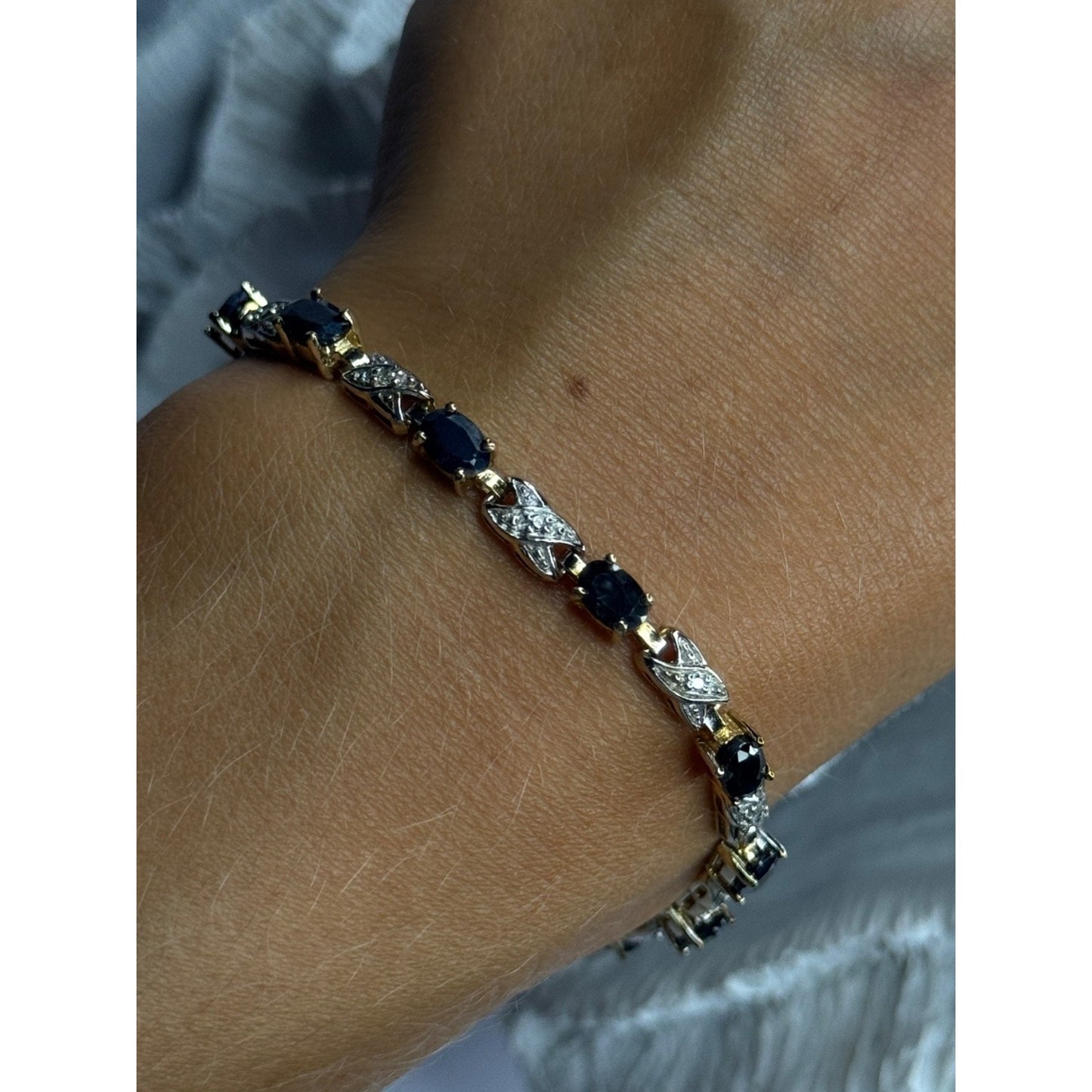 925 STERLING SILVER GOLD PLATED SAPPHIRE & DIAMOND BRACELET LENGTH 7.5