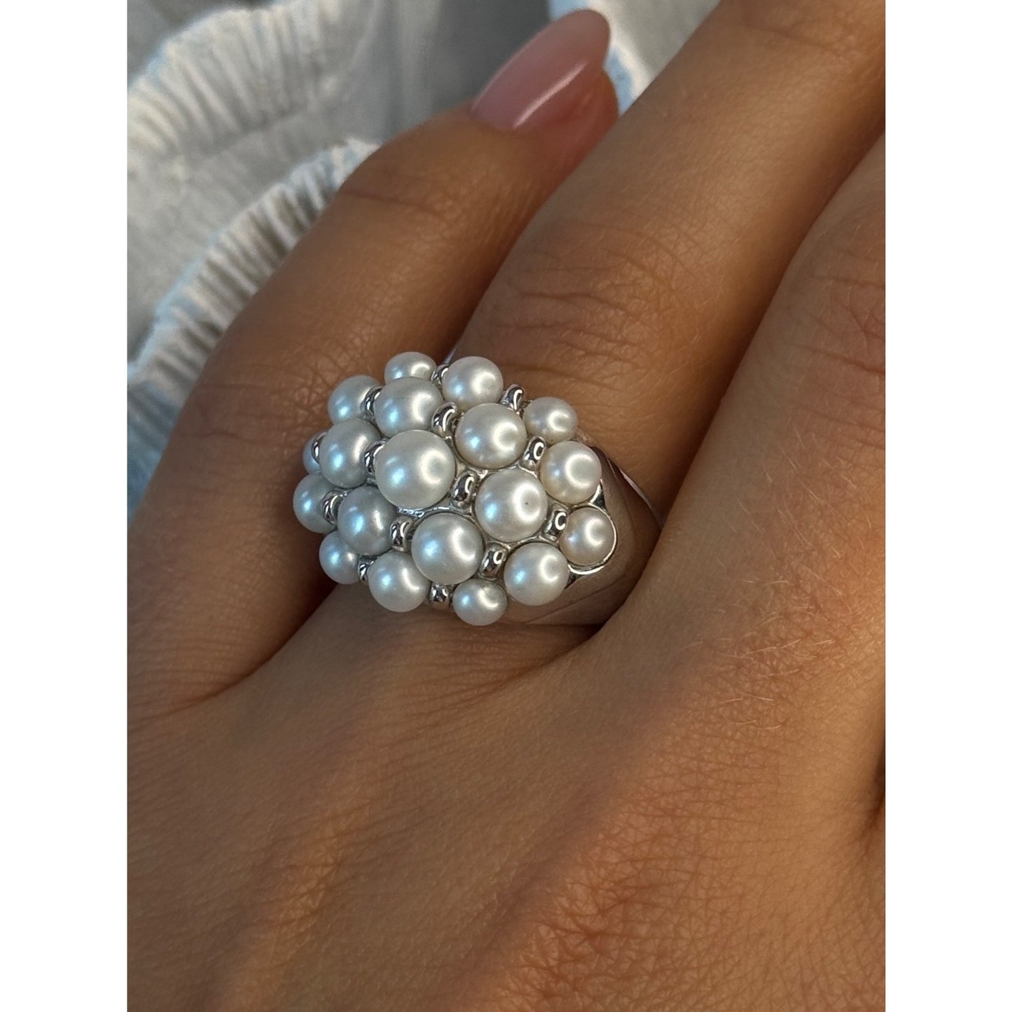 Elegant 925 Sterling Silver Pearl Ring Size 7