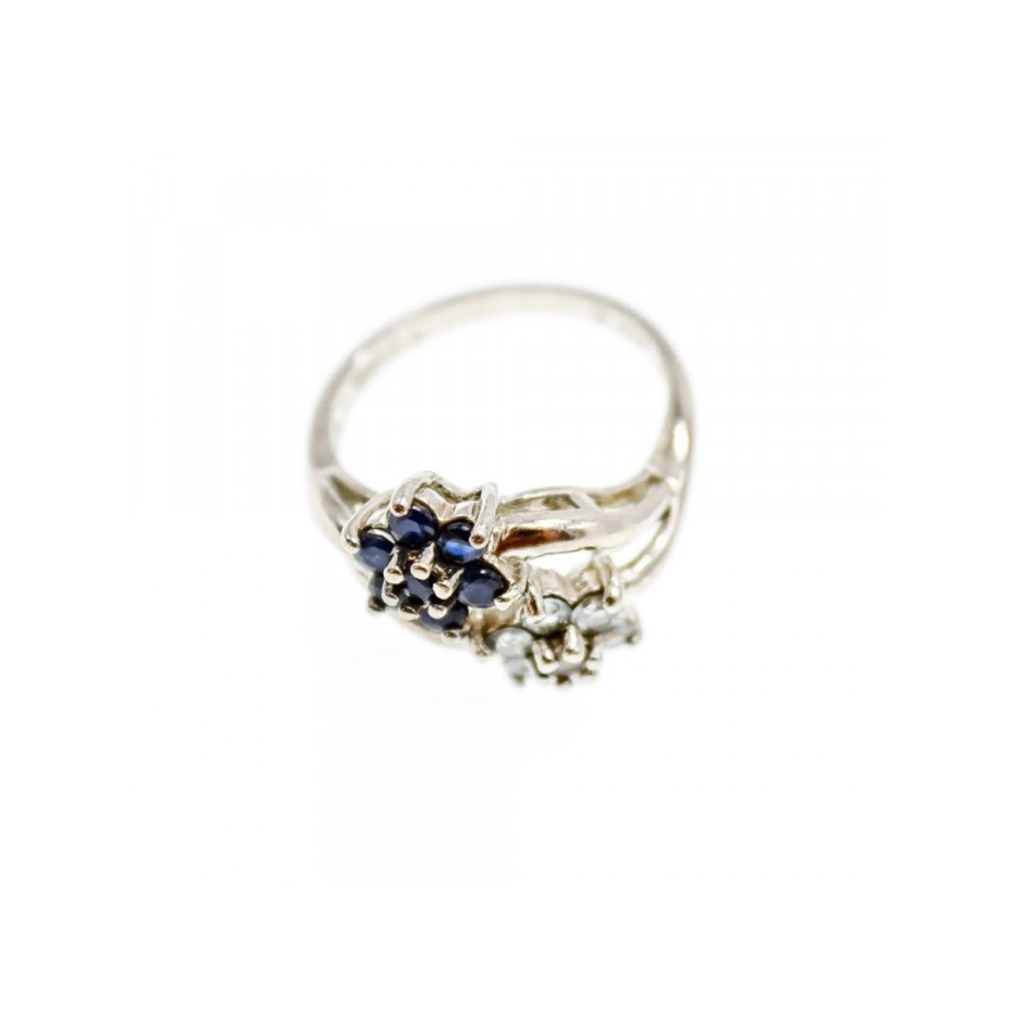 925 STERLING SILVER BLUE SAPPHIRE & WHITE TOPAZ "FLOWERS" RING SIZE 8
