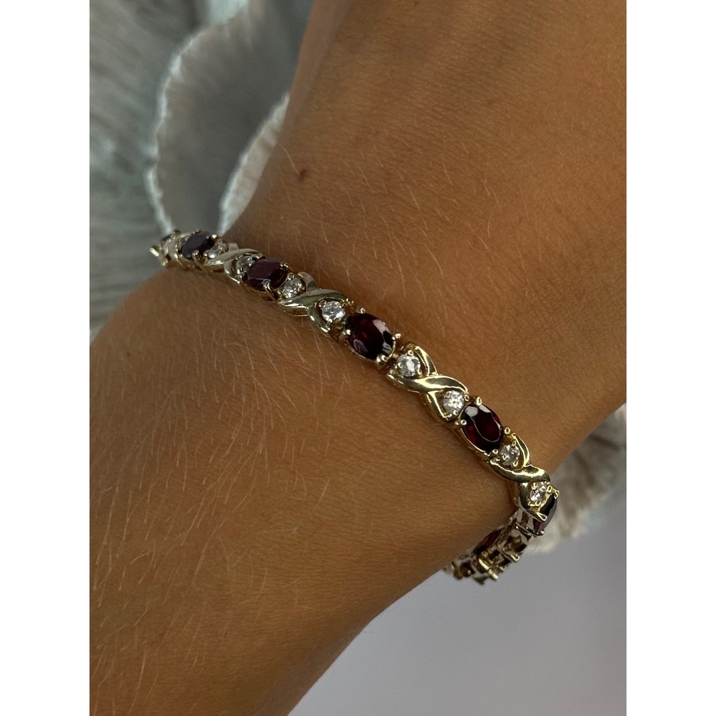 925 Sterling Silver Garnet & Beryl Bracelet Length 7