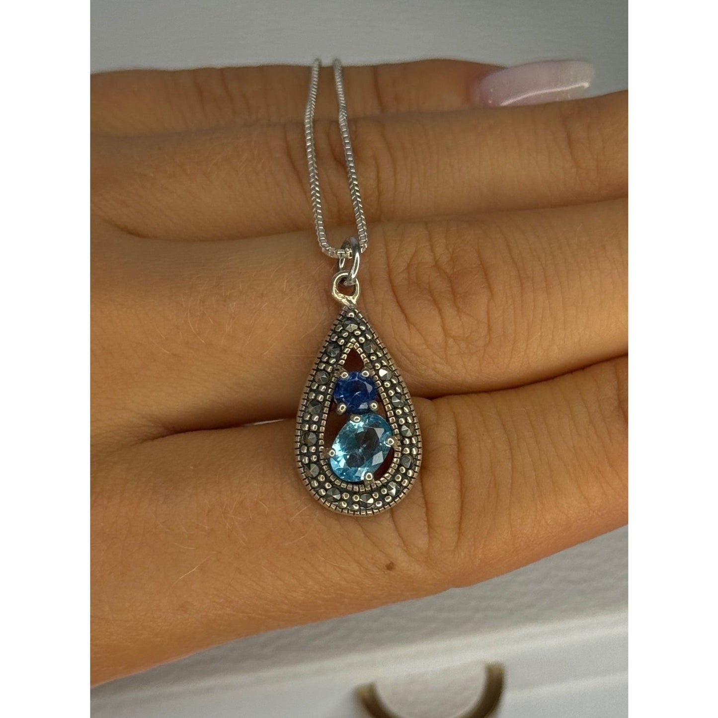 925 Sterling Silver Topaz & Sapphire & Marcasite Necklace Length 15.5 inch