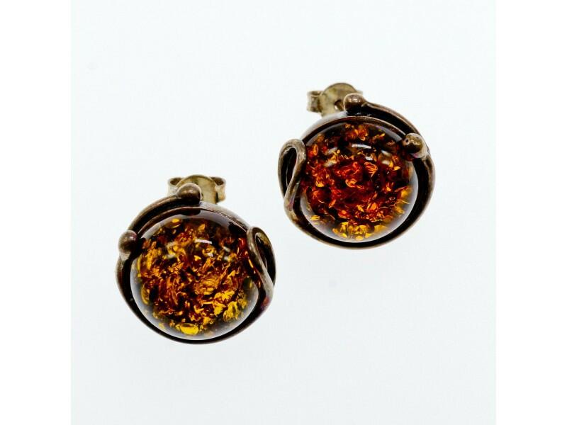 VINTAGE 925 STERLING SILVER AMBER STUD EARRINGS ITALY