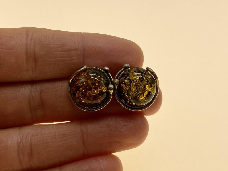 VINTAGE 925 STERLING SILVER AMBER STUD EARRINGS ITALY