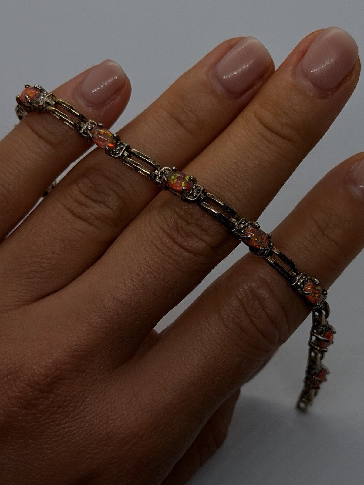 925 Sterling Silver Fire Opal & White Topaz Tennis Bracelet Size 7.5