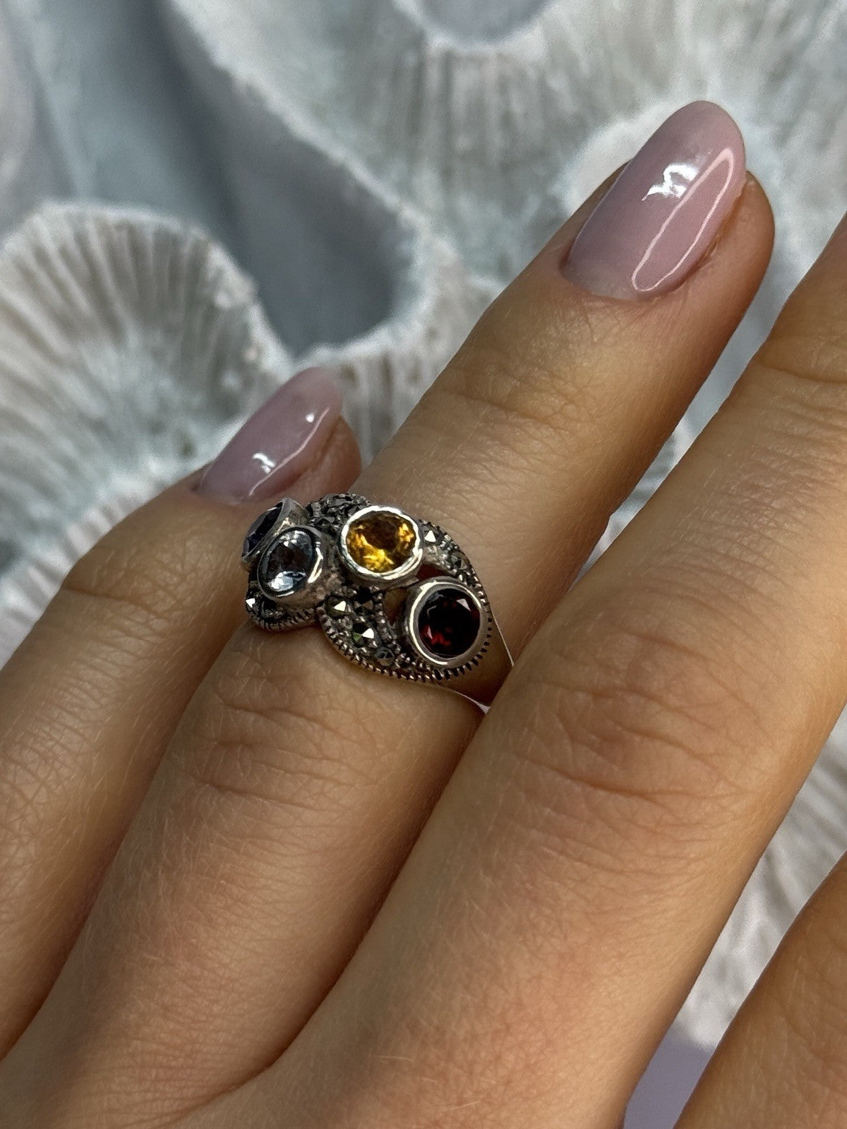 925 Sterling Silver Garnet, Citrine, Topaz, Amethyst & Marcasite Ring Size 5.5
