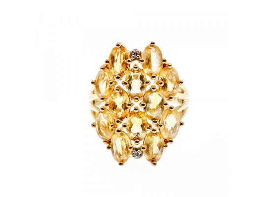 925 Sterling Silver Gold Plated Yellow Tourmalines & Diamonds Ring Size 8