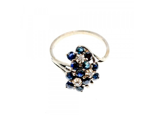 925 Sterling Silver Sapphire & CZ "Flowers" Ring Size 6.75