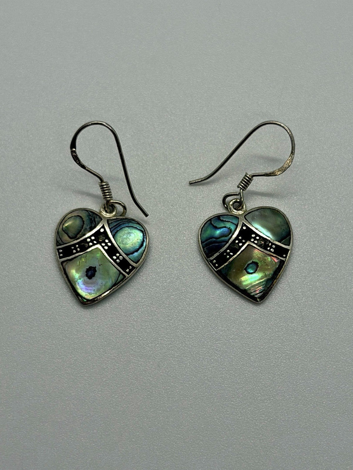 Vintage 925 Sterling Silver Abalone Shell heart Dangle Earrings