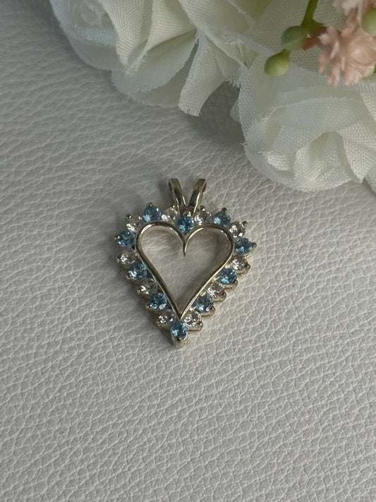 925 Sterling Silver Blue & White Topaz Heart Pendant Length 1 Inch