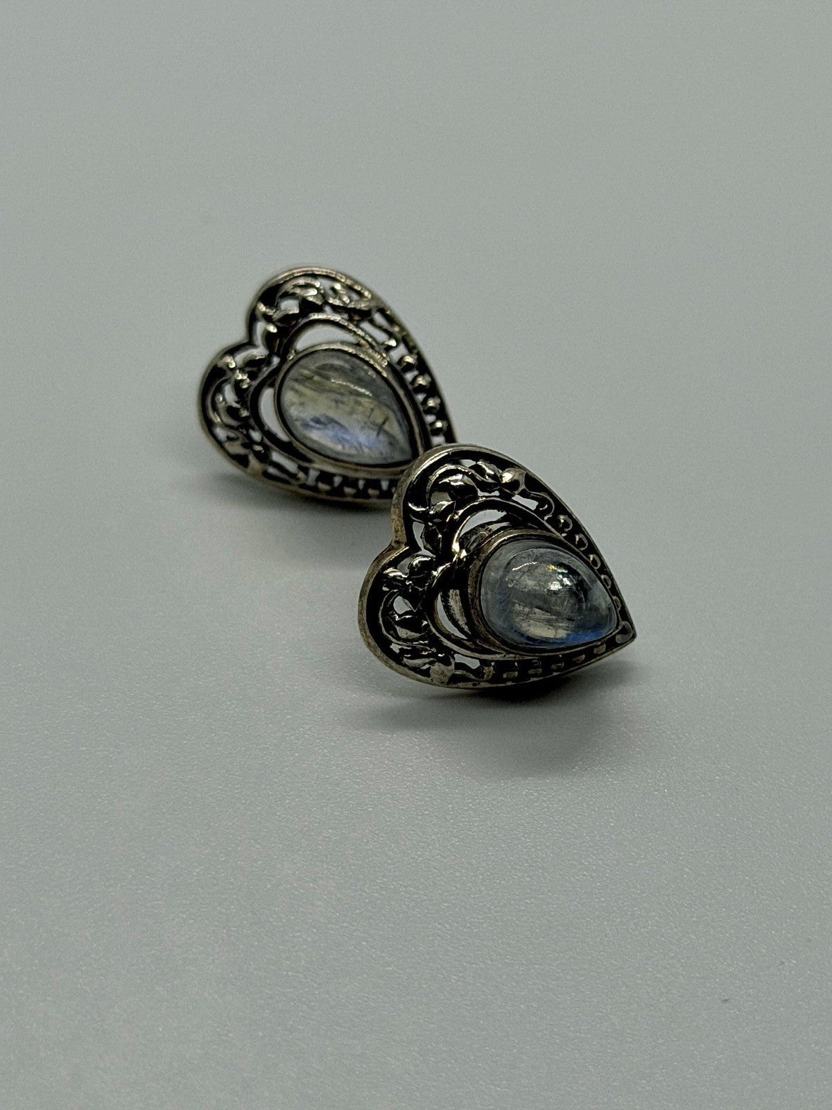 Vintage 925 Sterling Silver Moonstone Heart Earrings