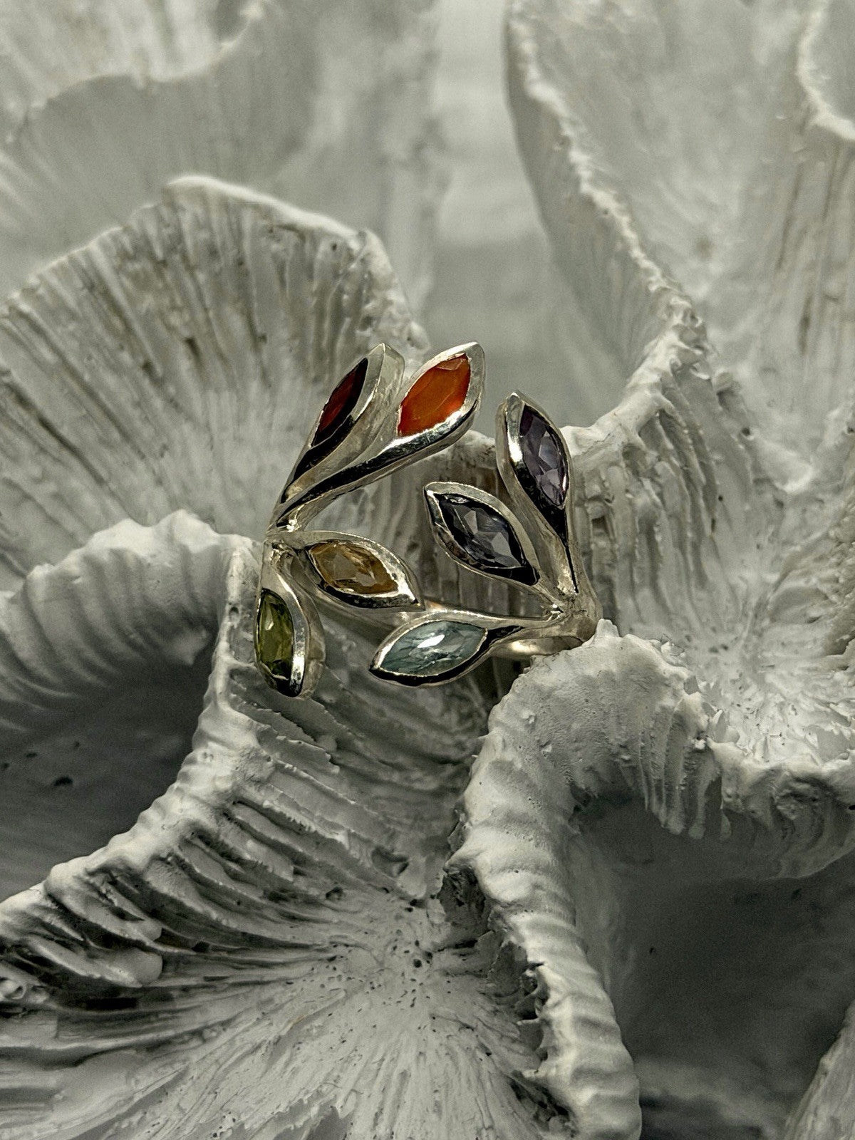 Adjustable 925 Sterling Silver Multi Color Stones Rainbow Ring
