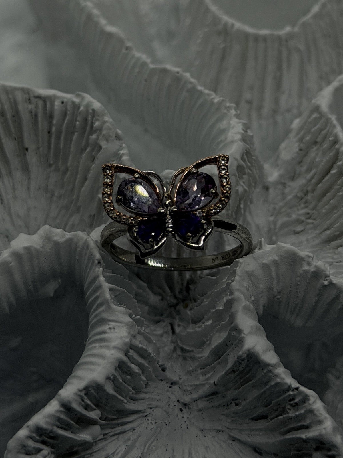 Butterfly 925 Sterling Silver 10K Rose Gold Amethyst Iolite Beryl Ring Size 7