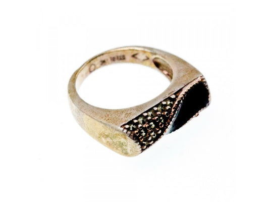 925 Sterling Silver Nephrite ( Jade ) & Black Quartz Ring Size 6.5